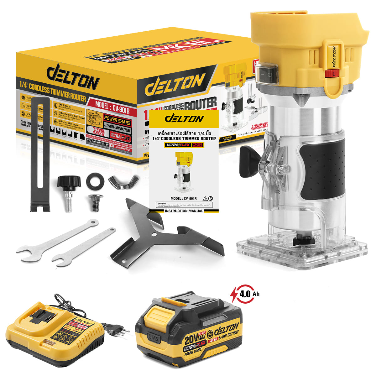 ทริมเมอร์ไร้สาย (พร้อมแบตเตอรี่) DELTON รุ่น CV-901R ULTRAFLEX 20V 4AH_1